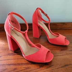 Orange t-strap block heels